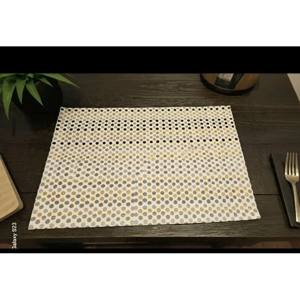 Set of 7 Crate and Barrel Sequin Geometric‎ Placemats Metallic Gold Black Gray